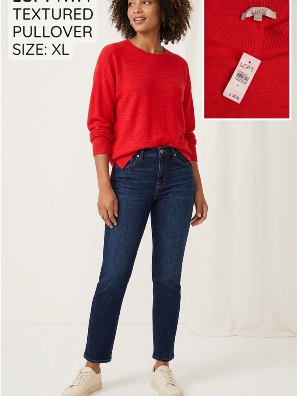 LOFT NWT Red Textured Knit Sweater Women's Size XL Cotton Blend Pullover